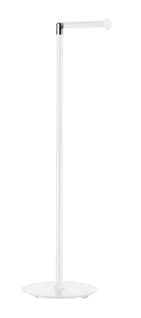 Vit fristående toalettrullehållare med rund bas och horisontell arm för pappersrulle.