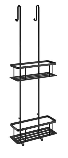 Svart, dubbel duschkorg med två rektangulära hyllor och två krokar för upphängning.