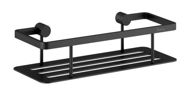 Svart metallhylla med två konsoler och avlånga öppningar i botten, monterbar på vägg.