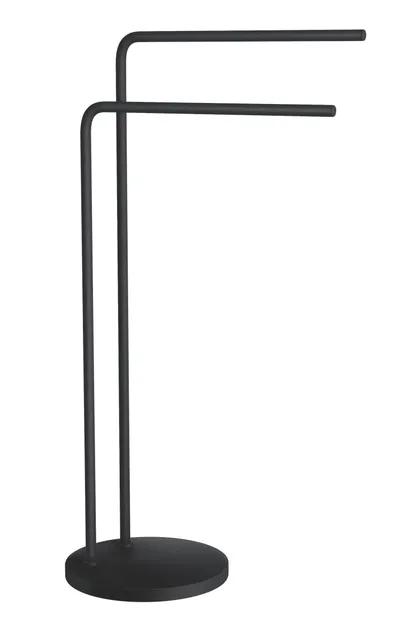 Svart fristående handduksstång med två armar och rund bas.