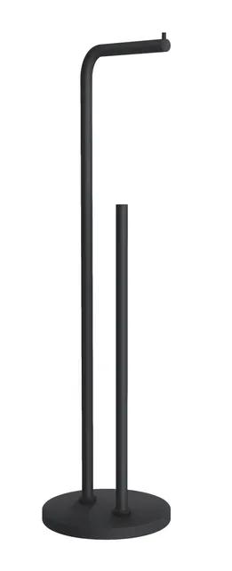 Svart fristående toalett- och reservpappershållare med rund bas och två vertikala stänger.