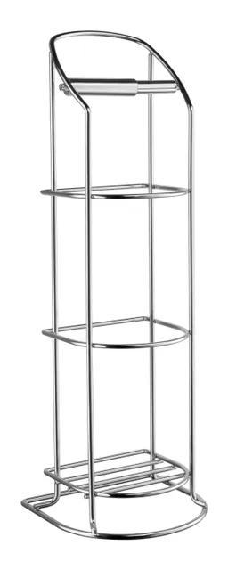Fristående toalett- och reservpappershållare i krom. Har plats för flera rullar och stående design med en smal, öppen konstruktion.
