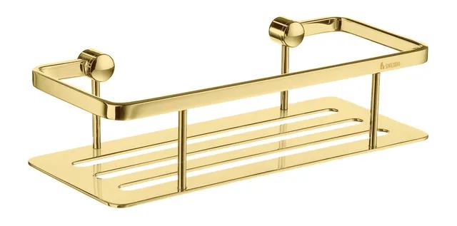 Duschkorg i polerad mässing med rektangulär design och monteringsfästen.