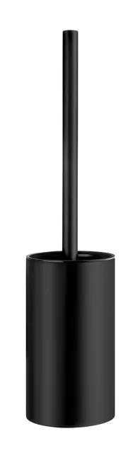 Mattsvart, fristående toalettborste med slimmad design och cylindrisk behållare.