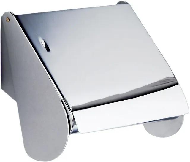 Toalettpappershållare i krom med ett lutande lock.