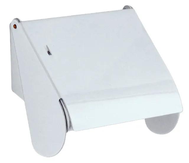 Vit toapappershållare med lock och rundade kanter.