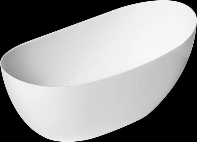 Vitt, ovalt badkar i kompositmaterial med släta kanter och hög glans.