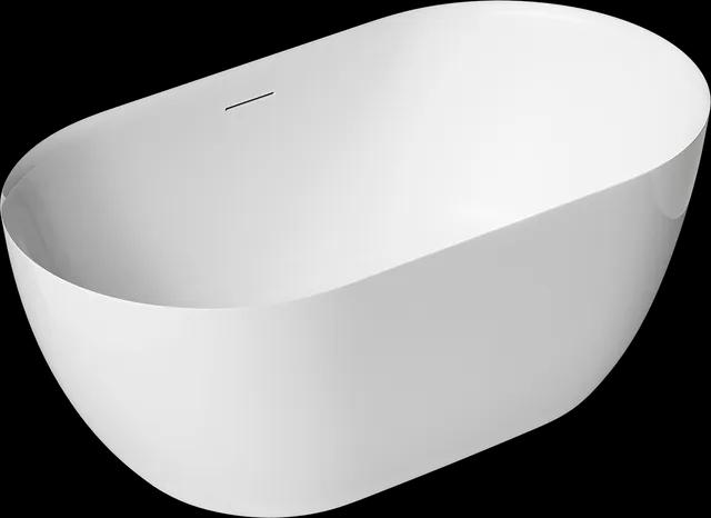 Vit fristående badkar med oval form och integrerat bräddavlopp.