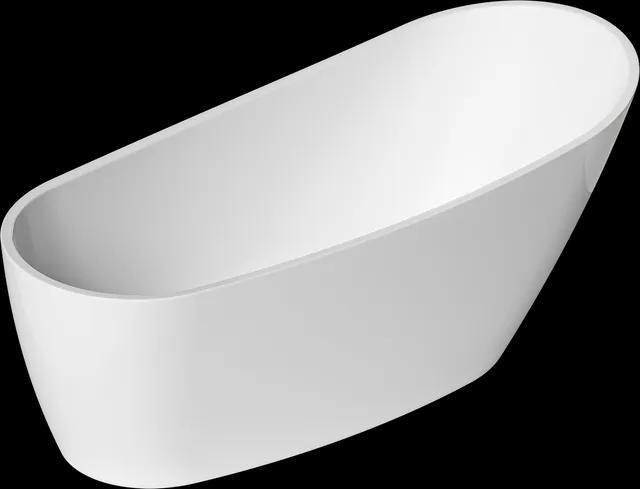 Fristående, vitt akrylbadkar med släta ytor och oval form.