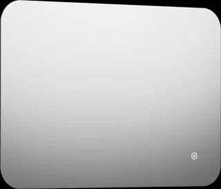 Rektangulär spegel med rundade hörn och en liten cirkulär symbol i det nedre hörnet.