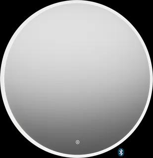 Rund spegel med vit ram och en liten Bluetooth-ikon i nedre högra hörnet.