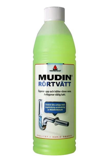 Grön flaska med vit etikett och texten "Mudin Rörtvätt". Etiketten visar en illustration av ett rent rör.