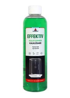 Grön flaska med etiketten "Effektiv Kalkfjerner Kalklösare" och texten "Fjerner kalk og rustrost".