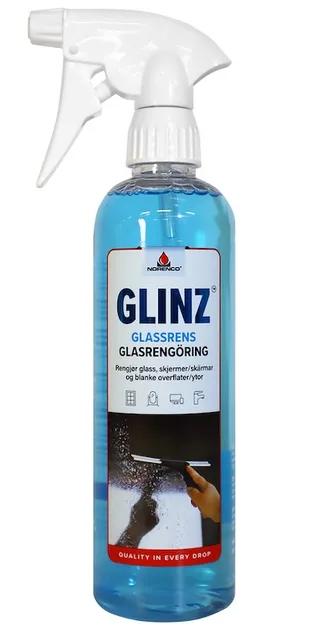 Sprayflaska med blå vätska och etiketten "GLINZ GLASSRENS GLASRENGÖRING."
