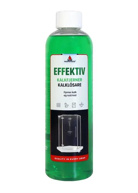 Grön flaska med etiketttext: "Effektiv Kalkfjerner Kalklösare" och ikoner för dusch, toa, handfat och kran.