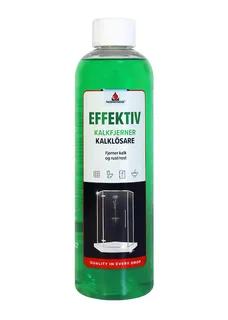 Grön flaska med etiketttext: "Effektiv Kalkfjerner Kalklösare" och ikoner för dusch, toa, handfat och kran.
