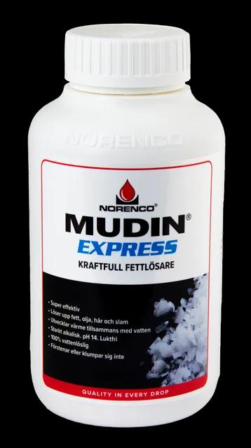 Vit flaska med etikett "Mudin Express Kraftfull Fettlösare" och lista över egenskaper, inklusive effektivitet mot fett, hår och slam.