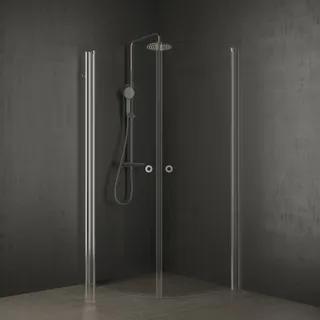 Duschhörna med glasväggar och takdusch med handdusch i ett mörkgrått badrum.