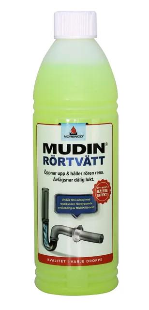 Grön flaska med vit etikett och texten "Mudin Rörtvätt". Etiketten visar en illustration av ett rent rör.