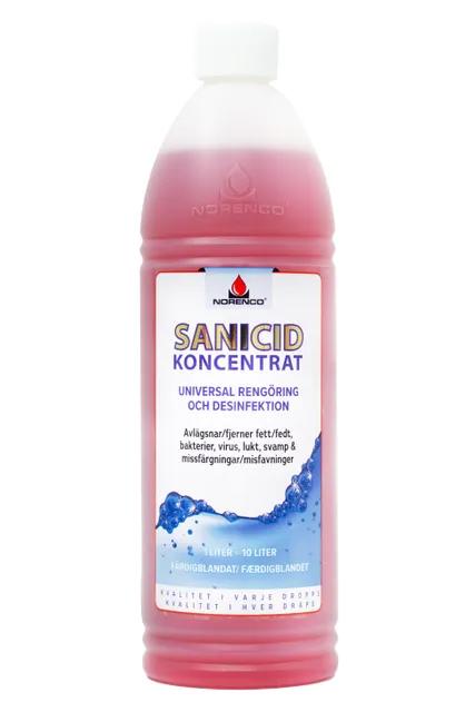 Flaska med etikett märkt "Koncentrert Sanicid" för rengöring och desinficering, röd vätska inuti.