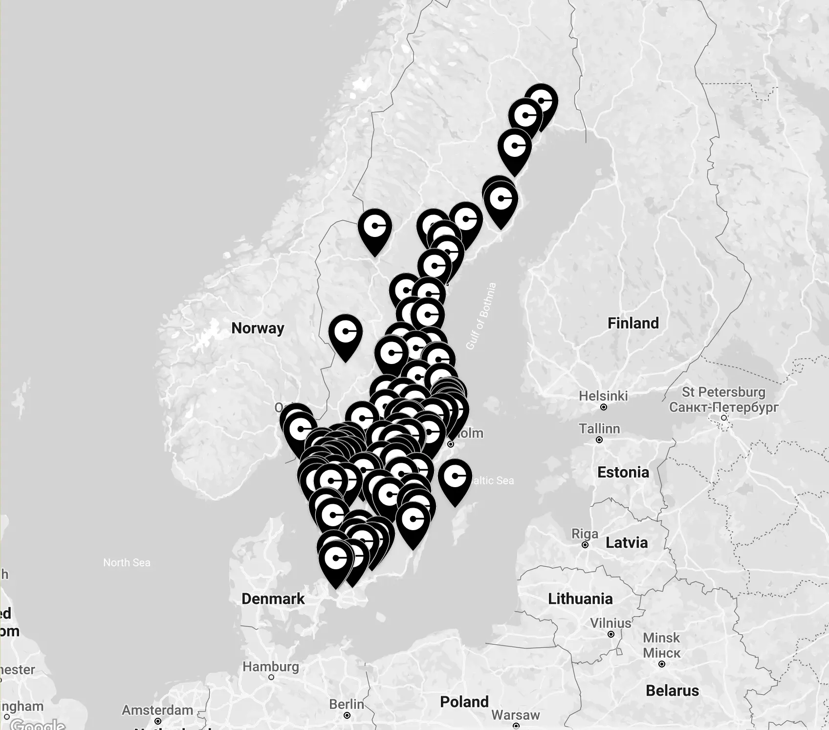 Karta med svarta punkter som markerar comforts medlemmar